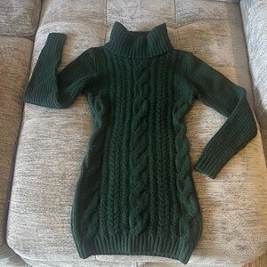 Forest green wool sweater dress. Turtle neck for cool weather, casual events.